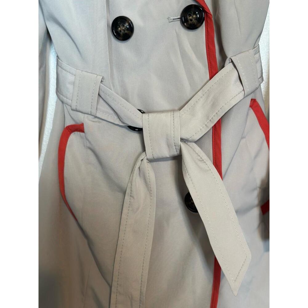 Braetan Gray Trench Coat Red Trim Belted Double Breasted Women’s Small - Picture 8 of 15